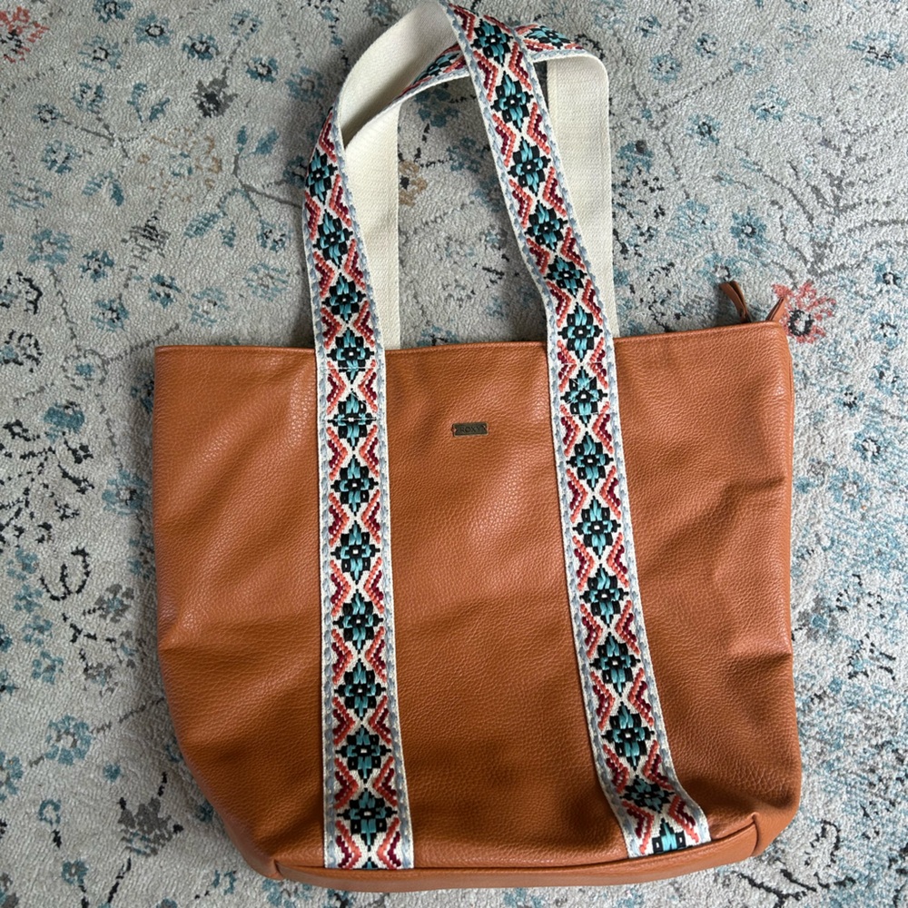 Roxy Brown and Cream Tote Bag with Geometric Straps